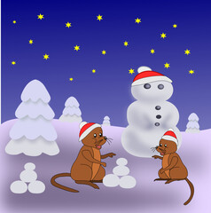 Two mice with red hats playing in the snow, in the background there is a snowman and some snow-covered fir trees