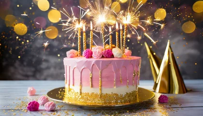Fotobehang pink and gold birthday cake with gold birthday candles and celebration sparklers © Mary