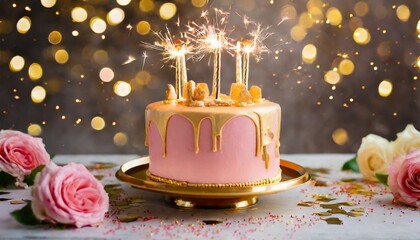 pink and gold birthday cake with gold birthday candles and celebration sparklers