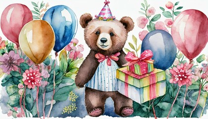 watercolor illustration on a children s theme a cute funny bear with gifts flowers and balloons...