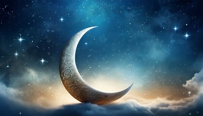 islamic greeting eid mubarak cards for muslim holidays eid ul adha festival celebration arabic ramadan background with crescent moon and the stars on night sky - Powered by Adobe