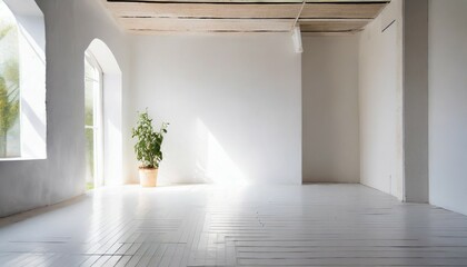 a white empty room surreal minimalistic style morning light copy space generative ai