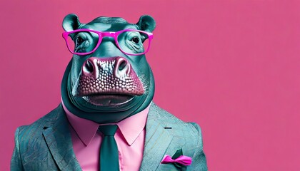 stylish portrait of dressed up imposing anthropomorphic hippopotamus wearing glasses and suit on vibrant pink background with copy space funny pop art illustration - obrazy, fototapety, plakaty