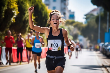 A woman crossing the finish line after running in a competition