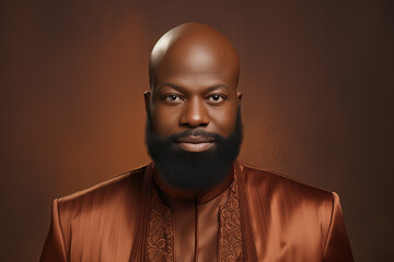 bussinesman, A modern and elegant bald afroman, with a beard, 48 years old. light colored background