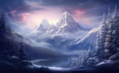 Misty mountain valley with majestic snow-covered peaks rising above a serene pine forest under a soft, illuminated sky
