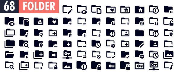 Folder icons set 68 icons. File organization and document archive icon set vector illustration. Folder sync icon. Computer folder, storage, and more.