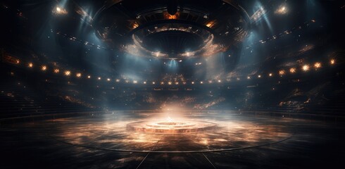 Empty theater with central stage glowing under spotlights - obrazy, fototapety, plakaty