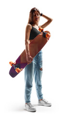 Girl with a skateboard. Beautiful and fashion young woman posing with a skateboard. Young longboard girl. Sport emotion. Sport. Isolated