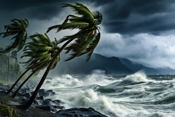 tropical storm off the coast breaks palm trees generative ai
