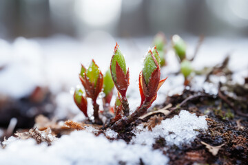 spring plants break through the snow to the warm sun generative ai - obrazy, fototapety, plakaty