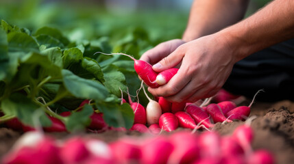 hands gardener collecting radishes from the greenhouse, generative ai