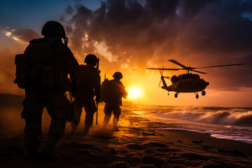 military paratroopers soldiers disembark from a helicopter generative ai - obrazy, fototapety, plakaty