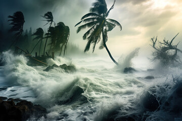 storm waves wash away the coast of a tropical island generative ai - obrazy, fototapety, plakaty
