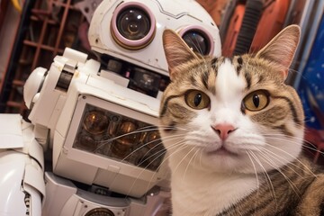 A cat sitting next to a robot in a room. Generative AI.