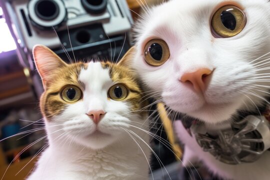 A close up of two cats looking at the camera. Generative AI.