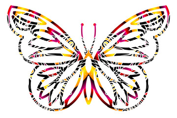 The symmetrical butterfly vector design with dynamic gradient batik dayak flower line art in a luxurious pattern colour	