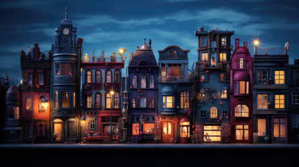 A bunch of buildings that are lit up at night. Generative AI.