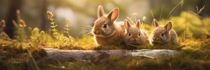 Fotobehang A group of rabbits sitting on top of a lush green field. Generative AI. © Natalia