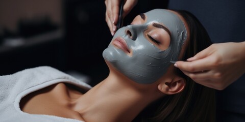 A woman getting a facial mask at a spa. Generative AI.