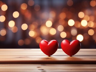 Two red hearts on wooden table with a soft romantic background. Generative AI.