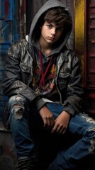 Fototapeta premium A stylish young man with a hoodie and jeans exudes confidence while sitting on a bench. Generative AI.