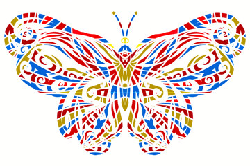 The symmetrical butterfly vector design with dynamic gradient batik dayak flower line art in a luxurious pattern colour	
