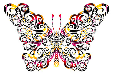 The symmetrical butterfly vector design with dynamic gradient batik dayak flower line art in a luxurious pattern colour	