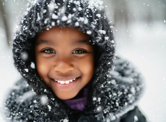 Young girl, African child playful on the snow, winter snowfall, holiday season, smiling face expression closeup. Outdoors, pines covered by snow in December