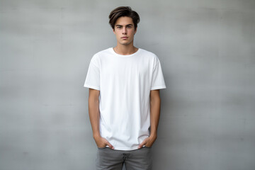 Portrait of confident young man wearing white blank t-shirt, Mockup shirt for design.