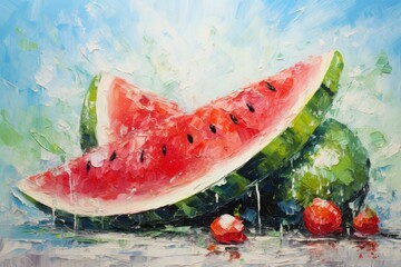 palette knife textured painting watermelon illustration Sliced watermelon Close-up of fresh slices of red watermelon