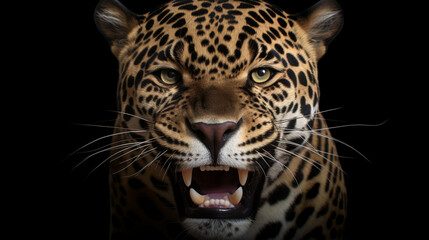 Jaguar face on black background. Jaguar Rain Forest Animal, Jaguar Power, Tropical. generative ai