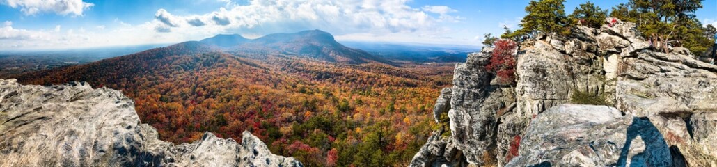 Hanging Rock State Park, North Carolina. cliffs & plateaus, with rock climbing, lake fishing, swimming, camping & hiking. Good views for colorful autumn foliage. gorgeous peak fall color. 360° view.