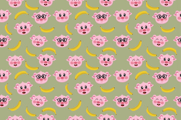 Seamless pattern with kawaii pigs with banana fruit
