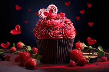 cupcake with a heart-shaped decoration. Web banner with copy space, Generative Ai  - obrazy, fototapety, plakaty