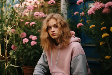 girl with flowers in the garden, beautiful ginger teenager, in front of a house, wearing pink and blue hoodie, long hair, romantic, serious