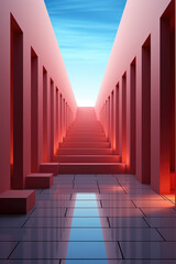 a beutiful colorful hallway with colored stairs and a light at the end, in the style of light crimson and dark blue