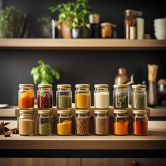 Jars of spices on table