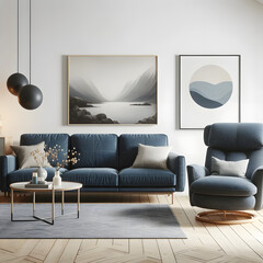 A Scandinavian-style living room featuring a dark blue sofa and a comfortable recliner chair.