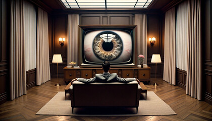 AI-Generated Image: Man Watching TV with an Eye Inside - obrazy, fototapety, plakaty
