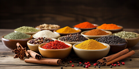 Obraz na płótnie Canvas Variety of spices on wooden table