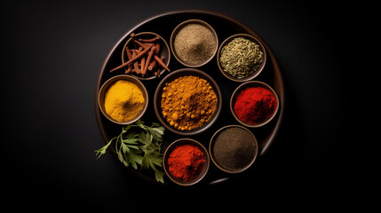 Variety of spices isolated in dark background