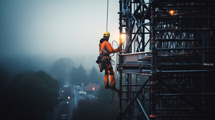 Electrician working at high voltage power line. Concept of work on high ground heavy industry - obrazy, fototapety, plakaty