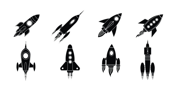 Rockets (launching and flying in the sky) icon set. Black and white vector drawings of rocket icons isolated on white background.