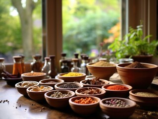 A table with many different types of spices. Generative AI.