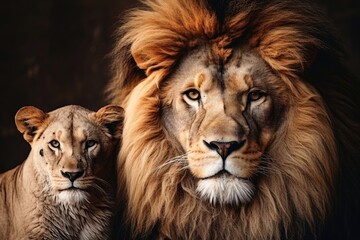 A male and a female lion portrait.