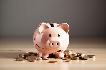 A sad piggy bank with cracks and some coins.