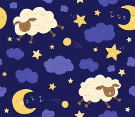 Seamless Pattern of Cute Cartoon Sheep Characters Sleeping at Night Concept Background