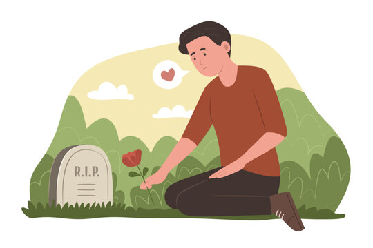 man placing red flower at grave clip art preview