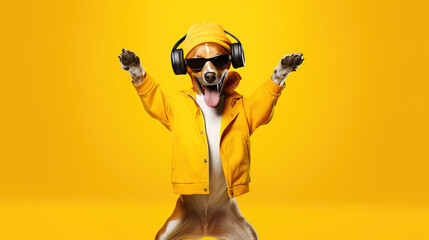 Obraz na płótnie Canvas Dance moves. dog, hip hop dancer dancing isolated over yellow background with copy space. Inspiration, idea, street dance style. Surrealism, and. Contemporary artwork
